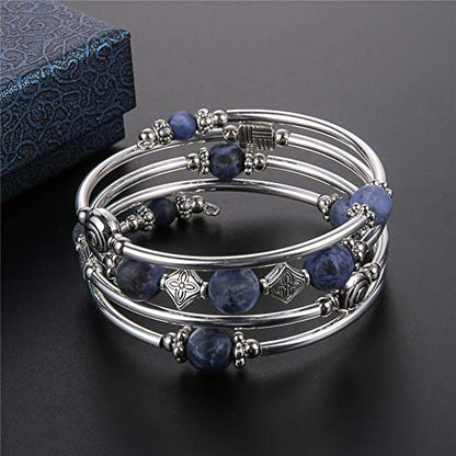 Beaded Pearl Bangle Wrap Bracelet - Fashion Bohemian Jewelry Multilayer Charm Bracelet with Thick Silver Metal Beads, Gift For Women - color: Navy Blue