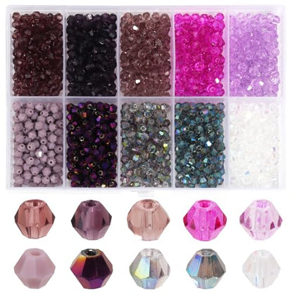 1200Pcs 4mm 10 Colors Faceted Crystal Glass Bicone Beads Loose Bead for DIY Bracelet Necklace Earring Keychain Jewelry Making,Purple - color: Purple
