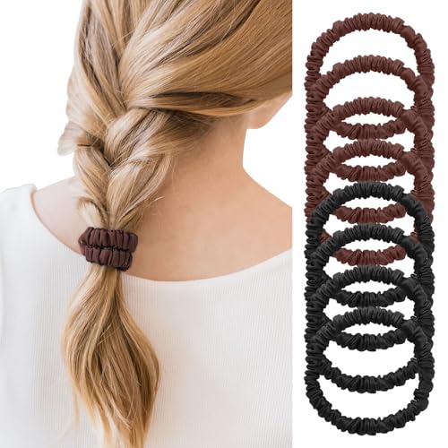 8Pcs Mulberry Silk Scrunchies Set, Silk Hair Ties Elastic for Women, Skinny Scrunchies Reduces Breakage for All Hair Types Srevela (4*Black, 4*Brown) - color: ColorA: 4*Black,4*Brown, size: 1 Count (Pack of 8)
