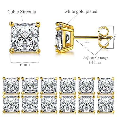 Stud Earring Set for Women Men 18K Yellow/White Gold Plated Princess Cut 4 Prong Graduated Square Clear Cubic Zirconia Pakc of 6 Pairs 3-7mm - color: Yellow gold-6mm-6 pairs