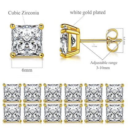Stud Earring Set for Women Men 18K Yellow/White Gold Plated Princess Cut 4 Prong Graduated Square Clear Cubic Zirconia Pakc of 6 Pairs 3-7mm - color: Yellow gold-6mm-6 pairs
