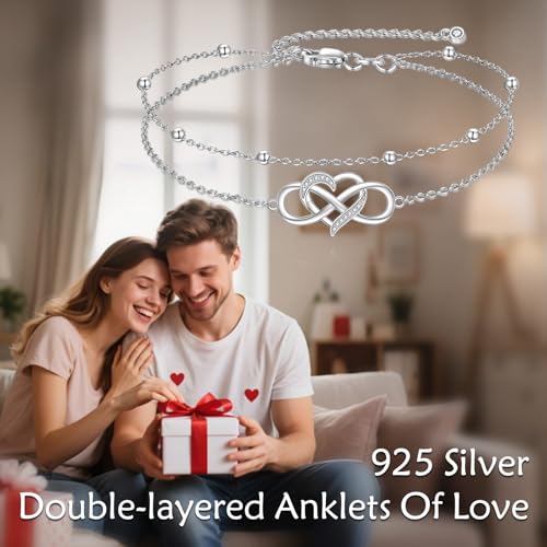 POPLYKE Frog/Pearl/Dragonfly/Ladybug/Highland Cow/Pearl/Moonstone Anklets Sterling Silver Double Layered Chain Beach Anklets for Women Foot Jewelry - style: heart infinity
