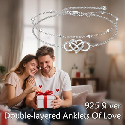 POPLYKE Frog/Pearl/Dragonfly/Ladybug/Highland Cow/Pearl/Moonstone Anklets Sterling Silver Double Layered Chain Beach Anklets for Women Foot Jewelry - style: heart infinity