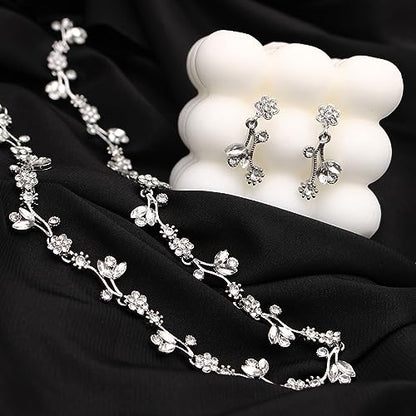 Elegant Brides Austrian Crystal Flower Choker Necklace Drop Dangle Earring Bracelet Wedding Jewelry Set for Bridesmaid Prom Costume Jewelry Set for Women - color: White-Platinum Plated