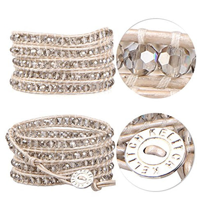 KELITCH New Gray Crystal Beaded 5 Wrap Bracelet On Leather Friendship Bracelets Jewelry for Womens