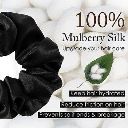 OLESILK 100% Mulberry Silk-Scrunchies for Hair Sleep, Women Grils Silk Hair Ties for Frizz & Breakage Curly Hair, No Damage, Elastics Ponytail Holder, 3 Pack - color: Dark Night Black