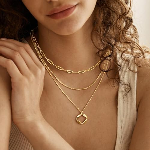 M MOOHAM Layered Gold Necklaces Stack for Women No Tarnish | 14K Gold Plated, Stackable Pendant Necklace Set, Snake Rope Cuban Paperclip Chain, CZ Coin Pendant, Dainty Jewelry Gifts - color: 3 Layered Paperclip Singapore Circle Pendant-Gold