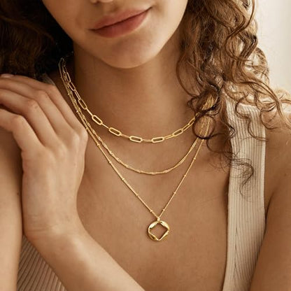 M MOOHAM Layered Gold Necklaces Stack for Women No Tarnish | 14K Gold Plated, Stackable Pendant Necklace Set, Snake Rope Cuban Paperclip Chain, CZ Coin Pendant, Dainty Jewelry Gifts - color: 3 Layered Paperclip Singapore Circle Pendant-Gold