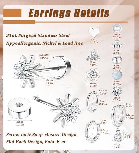 MJust 18 Pairs Earrings Set – Flat Back Stud Hypoallergenic 20G Steel stud | 18 Pairs Flat Back Earrings Set – Hypoallergenic 316L Steel Studs for Cartilage & Lobe Piercings - color: Silvery-11P