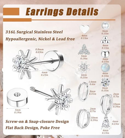 MJust 18 Pairs Earrings Set – Flat Back Stud Hypoallergenic 20G Steel stud | 18 Pairs Flat Back Earrings Set – Hypoallergenic 316L Steel Studs for Cartilage & Lobe Piercings - color: Silvery-11P