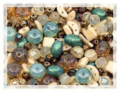 2.1oz (60 g) Mix of Unique Czech Bohemia Glass Pressed Beads, Matte and Glossy, Hand Made, Beige Blue Luster - color: Beige Blue Luster