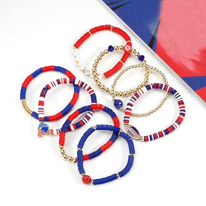 Ardorchid Halloween Bracelets for Women Pumpkin Ghost Steleton Bat Skull Beaded Stackable Stretchy Bracelet Rugby Thanksgiving Christmas Heishi Bracelets - color: Game Day-Blue&Red