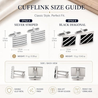 2 Pairs French Cufflinks for Men Luxury Silver Plated Rectangle Shirt Studs with Black Enamel Diagonal Stripes Business Tuxedo Suit Accessories Modern Grooved Line Set