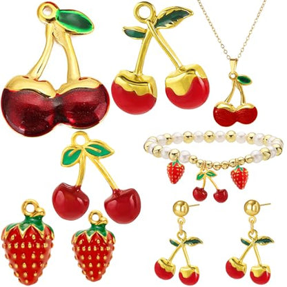 Multiple Shapes Pendant Fruit Charms For Jewelry Making Cute 3D Strawberry Charms For Bracelets Flatback Cherry Charm Kawaii Metal Fruits Strawberries Cherries Pendants Earring Necklace Jewelry Charms