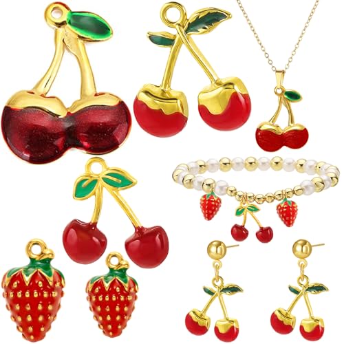 Multiple Shapes Pendant Fruit Charms For Jewelry Making Cute 3D Strawberry Charms For Bracelets Flatback Cherry Charm Kawaii Metal Fruits Strawberries Cherries Pendants Earring Necklace Jewelry Charms