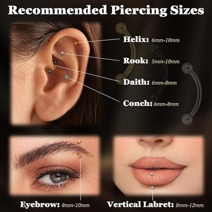 6PCS 16G G23 Titanium Eyebrow Piercing Jewelry for Women Curved Barbell Tiny Eyebrow Ring Vertical Labret Belly Lip Tongue Ring Internally Threaded Rook Tragus Daith Earring 6/8/10mm - color: Black B