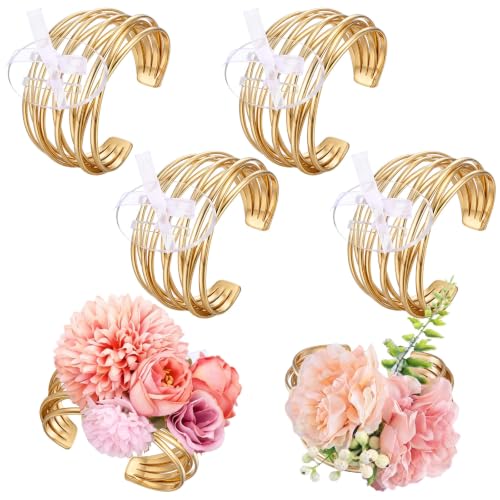 Hotop 4 Set Gold Corsage Wrist Bracelet Bands Multi-layer Wide Wire Bride Bracelet Adjustable Wrist Corsage DIY Wedding Wristband Wide Open Cuff Accessory for Bridal Party Prom - color: Gold, style: Multi-layer Wide Wire