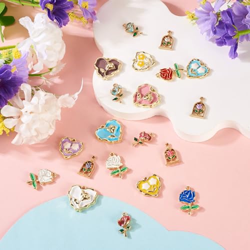 20Pcs Alloy Enamel Rose Charms Golden Plated 3D French Style Oil Painting Pendants Vinatge Floral Charms for Bracelet Necklace Earring - color: Golden Plated, 5 Styles