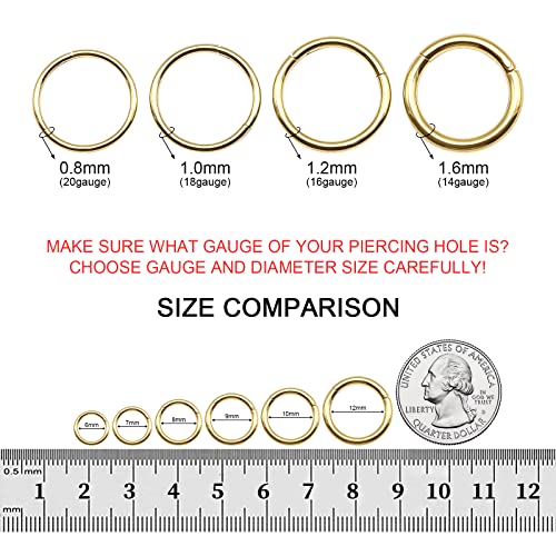 8pcs Titanium Nose Ring Hoops Septum Hinged Nose Rings 20G 18G 16G Diameter 6mm-10mm Black/Silver/Gold/Rose Gold/Pink/Blue/Green/Rainbow Cartilage Conch Helix Rook Hoop Earrings