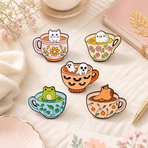 5Pcs Cute Coffee Cat Sloth Enamel Pin Set Cartoon Animal Coffee Cup Brooch Badges, Funny Lapel Pins for Backpacks, Jackets, Bags, Coffee Lover Gift - color: JH-116