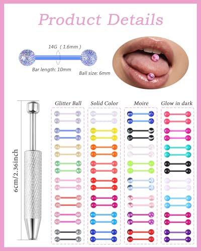 64Pcs 14G Glow in Dark Flexible Acrylic Piercing Jewelry for Women | Straight Tongue Barbell Nipple Ring Retainer Piercing Jewelry 14mm Bar