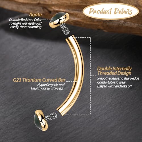 GAGABODY Titanium Eyebrow Jewelry - Curved Barbell & Labret Stud, 16g - Belly Button Ring & Cartilage Earring - Opal Bridge Jewelry - color: 1Pc-Disc Shape Gold+Green Agate