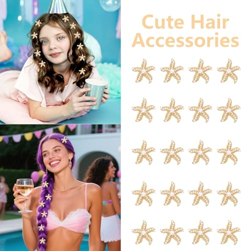 YISSION 20 Pcs Gold Starfish Hair Clips Cute Pearl Hair Pins Small Hair Barrettes Starfish Hair Clip Mermaid Hair Accessories for Girls Women Beach Party (Simulation Form) - color: White Pearl & Bright Gold