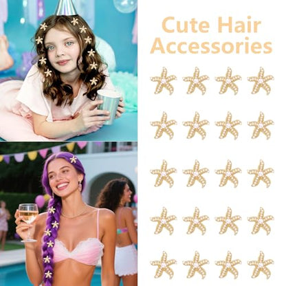 YISSION 20 Pcs Gold Starfish Hair Clips Cute Pearl Hair Pins Small Hair Barrettes Starfish Hair Clip Mermaid Hair Accessories for Girls Women Beach Party (Simulation Form) - color: White Pearl & Bright Gold