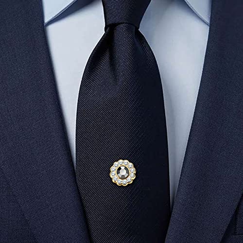 AMITER Crystal/Pearl Tie Tack with Chain, Gold Mens Tie Pin Necktie Pins Lapel Pin for Wedding Birthday Anniversary Party - color: 24k Gold+Grey Crystal