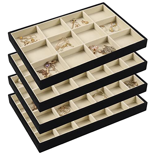 DIOMMELL Set of 4 Stackable Jewelry Trays Organizer Jewelry Display Showcase Dresser Drawer Organizer Storage Box for Ring Earring Bracelet Necklace Accessary