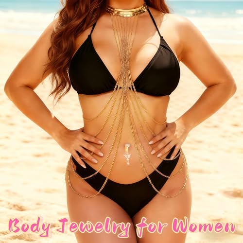 Multi-Layer Body Chain and Fashionable Navel Stud Set, Golden Shoulder Strap, Women's Body Jewelry, Suitable for Beach and Party Occasions