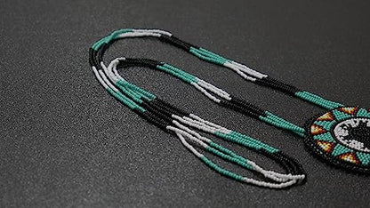Handmade Native American Style Tribal ethnic Seed Bead Beaded Layered Medallion Necklace - color: Turtle - Turquoise