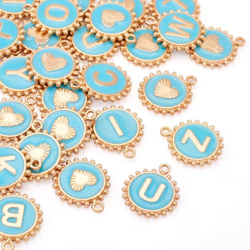 Cheriswelry Letter Alphabet Charm for Jewelry Making Initial Letter A-Z Pendants Flat Round Hexagon Alloy Enamel Charms for Necklace Bracelet Earring Jewelry Making DIY Craft - color: Dark Turquoise