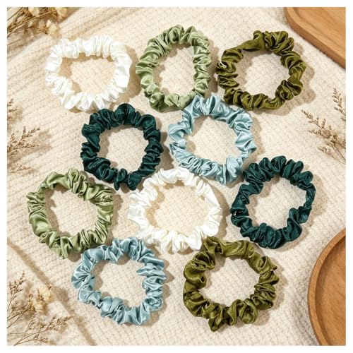 Scrunchies Silk Satin Hair Ties - Small Mini Thin Elestics Ponytail Holder Hair Bands Skinny Scrunchy For Thick Curl Hair No Crease Hair Ties Soft Accessories No Hurt Your Hair for Women and Girls - color: Green