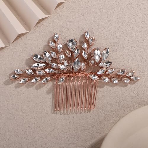 Teyglen Bridal Crystal Hair Comb Full Rhinestone Wedding Hair Comb Rose Gold Teardrop Hair Piece for Bride Wedding Hair Accessories for Women Bridal Headpiece (Rose gold) - color: Rose gold