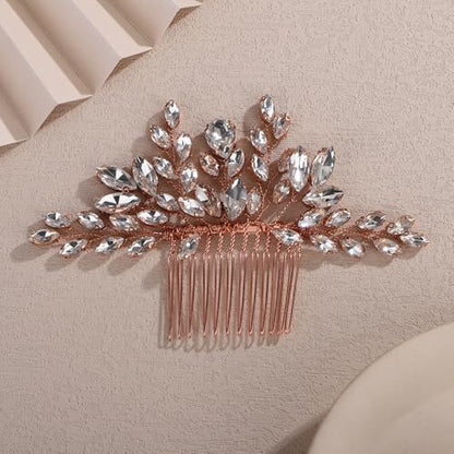 Teyglen Bridal Crystal Hair Comb Full Rhinestone Wedding Hair Comb Rose Gold Teardrop Hair Piece for Bride Wedding Hair Accessories for Women Bridal Headpiece (Rose gold) - color: Rose gold