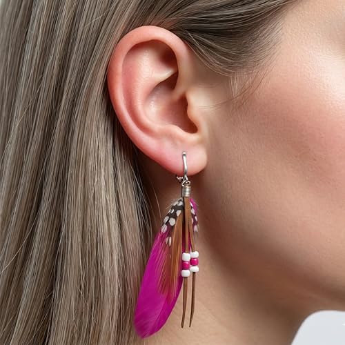Aloha Earrings-Clip On Real Feather Earrings-Dangle Clip On Earrings Tassel Long Clip Earrings Bohemian - color: Fuchsia Feathers