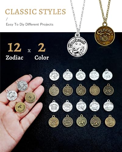DIY Zodiac Charm Set, 48 Count 4 Sets Antique Tibetan Silver and Bronze Round Zodiac Sign Charms Constellation Pendants for Necklace Bracelet Jewelry Making and Crafting