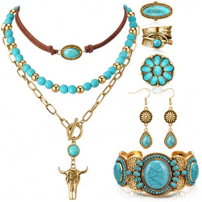 Ecally Bohemian Western Jewelry Turquoise Set Women Country Pendant Long Choker Layered Bracelets Earrings Ring for Women - color: Gold, style: Shiny
