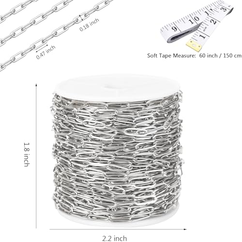 16Ft Stainless Steel Paperclip Chain for Jewelry Making, 4.5mm Width Silver Paper Clip Link Chains Roll for DIY Necklace Bracelet Craft Jewelry Making Supplies with Lobster Clasps Soft Tape Measure - color: Paperclip 4.5mm Silver