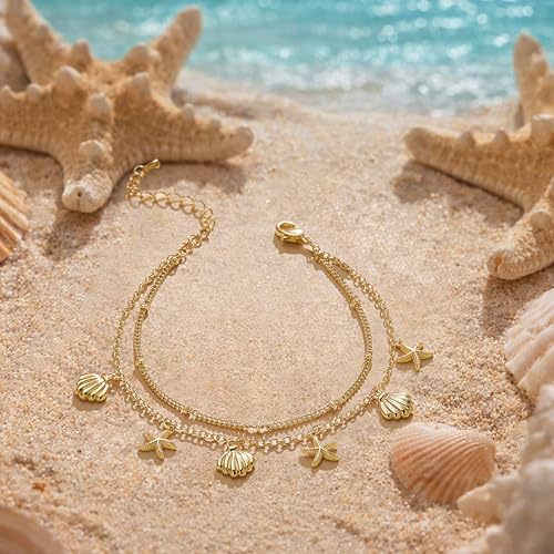 Gold/Sterling Silver Anklet Bracelets for Women Waterproof, Non Tarnish 925 Sterling Sliver Plated Heart Evileye Butterfly Charm, Dainty Summer Beach Anklets for Women, Beach Vacation Bikini Outfits for Her Mom - style: Starfish & Shell