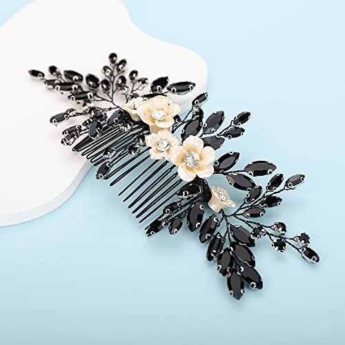 Bridal White Flower Black Crystal Rhinestone Hair Comb for Bride Bridesmaid Sliding side Headpieces Wedding Hair Accessories for Women and Girls (Black) - color: Black