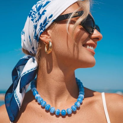 Chunky Colorful Choker Necklace for Women - Summer Beach Round Resin Beads Necklace, Trendy Statement Summer Beach Jewelry Birthday Gifts for Vacation Holiday - color: 14mm Blue Beads