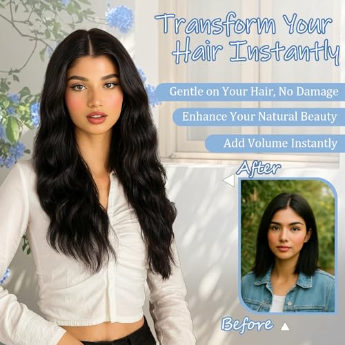 Natural Black Halo Hair Extensions 20 Inch Synthetic Hair for Women | Wavy Texture with Invisible Wire and 4 Secure Clips for Easy Daily Styling Party Wear and Added Length - color: Black