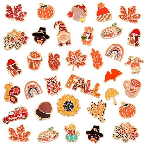 SANNIX 60Pcs Fall Pins, Autumn Enamel Pins Bulk Thanksgiving Lapel Pins Pumpkin Turkey Maple Leaf Brooch Pins for Clothes Bags Hats Accessories, 30 Styles - style: Fall Pins