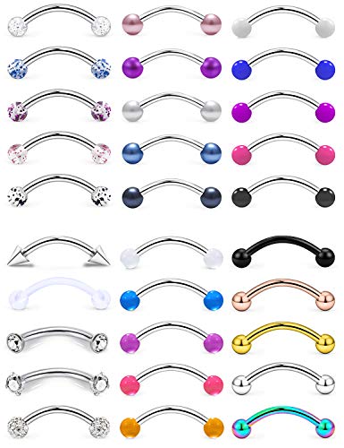 Jenxnjsjo 16g 6/8/10mm Eyebrow/Rook/Snug/Vertical-Labret/VCH/Snake-Eyes/Anti-Tragus/Christina/Daith/Belly-Button/Bridge/Hood/Surface Curved Barbell Piercing Jewelry for Women Men - color: 30PCS, Surgical-Steel, size: 8mm