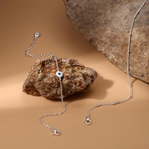 MILACOLATO 925 Sterling Silver Clasp Paperclip Chain Bracelets for Women | 14K White Gold Plated Adjustable Bracelets, Dainty Stackable Layered Satellite Beads Evil Eye Infinity Bracelets Jewelry Gift - color: EVIL EYE Chain + Satellite Chain