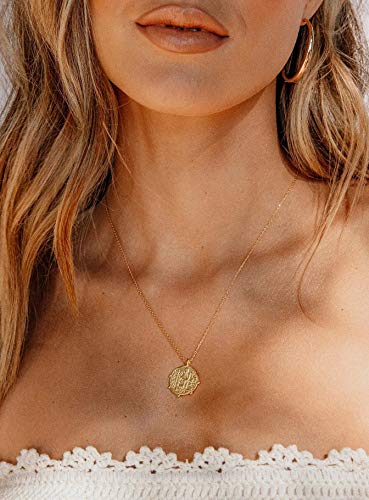 Aobei Pearl 18K Gold Plated Moon Star Lion Evil Eye Love Heart Cross Pendant Necklace Medallion Paperclip Chian Choker Layering Jewery for Women - color: Golden Coin