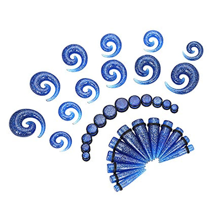 Qmcandy 00G-20mm Ear Stretching Kit 36PCS Big Gauge Taper Kit Large Acrylic Tunnel Plug Spiral Set - color: 36pcs, Glitter Blue