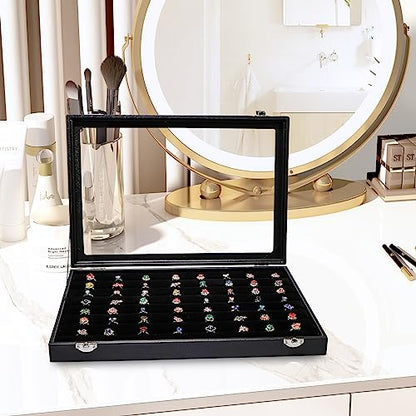 Wudygirl Ring Holder Leather Jewelry Tray with Lid 13.7"x9.4" Black | 7 Slot Ring Organizer with Velvet Liner, Ideal for Jewelry Storage, Dresser Drawer or Gift, Dustproof Design - style: 7 Slot Ring Tray
